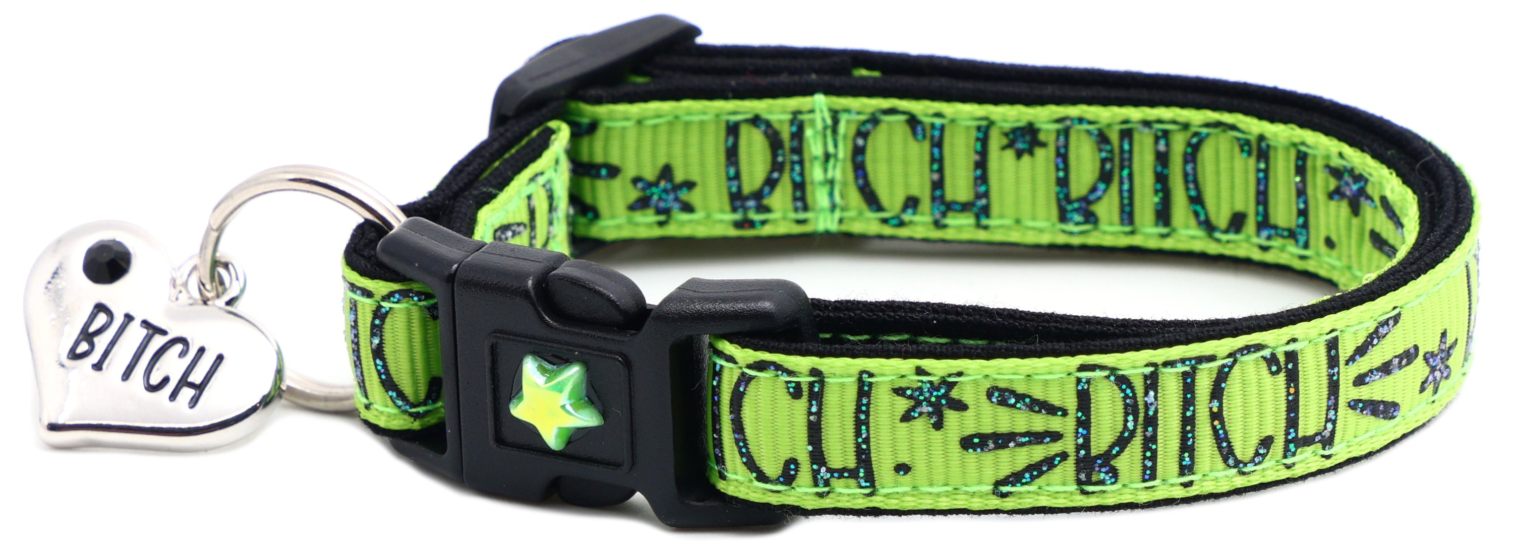Bitch 2 Breakaway Cat Collar in reinforced cotton with breakaway clips and removable bell, available in various sizes.